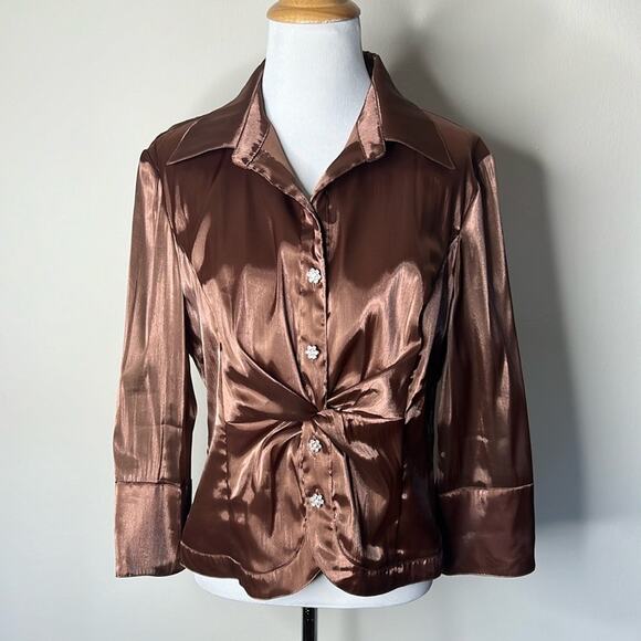 Cachet Tops - Cachet Brown Satin Rhinestone Button Vintage Blouse
